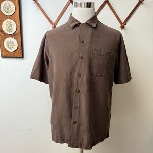 100% Silk Palm Tree Embroidered Short Sleeve Button Up Shirt